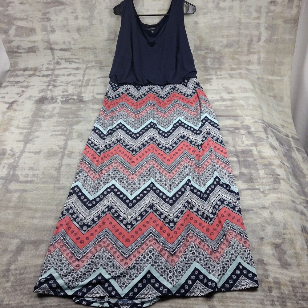 Three Pink Hearts Chevron Maxi Dress 2X Plus Size Navy Coral Pink Boho Summer